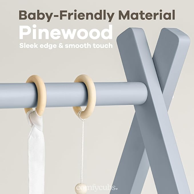 Comfy Cubs Wooden Baby Play Gym - Natural Finish Pinewood Baby Activity Gym with 5 Sensory Hanging Toys - Easy No-Tool Assembly, Safe and Durable for Infant Motor and Visual Development - Pacific Blue-CubbioJoy