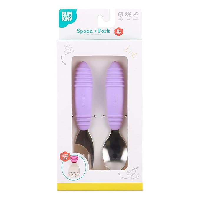 Bumkins Toddler Utensils, Kids Size Fork and Spoon Set, Silicone and Stainless-Steel Training Silverware, Angled Forks / Sporks for Self-Feeding, Children Hold Learning to Eat, 18 Months Up, Lavender-CubbioJoy