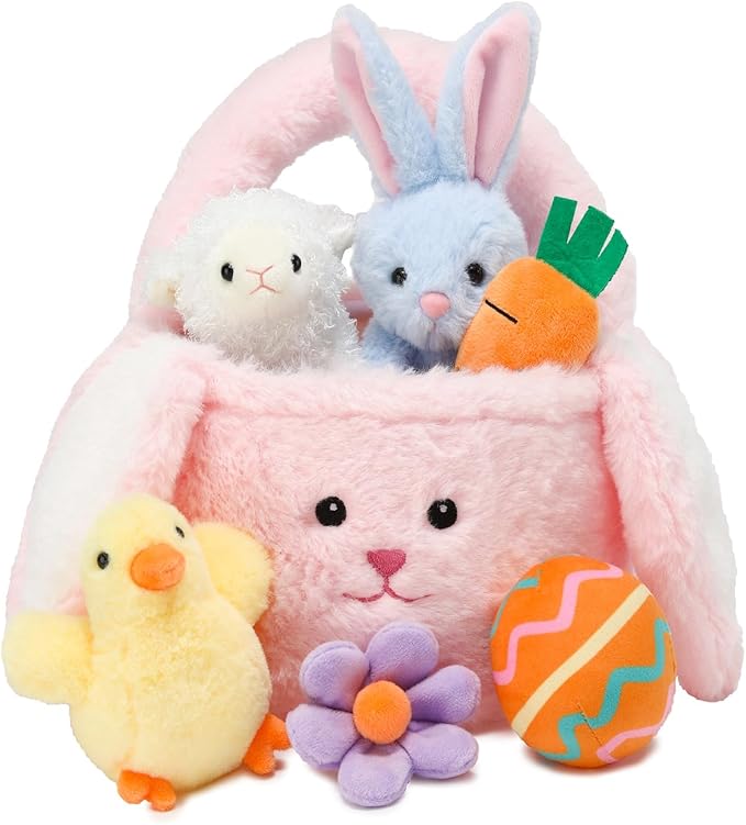 7 Piece Plush Stuffed Animals Playset Toys with Rabbit, Chick, Lamb, Carrot, Egg, Flower, Furry Bag, Soft Basket Set Toys for Girls Kids Ages 3+, Birthday Christmas Valentines Easter Party Favors-CubbioJoy