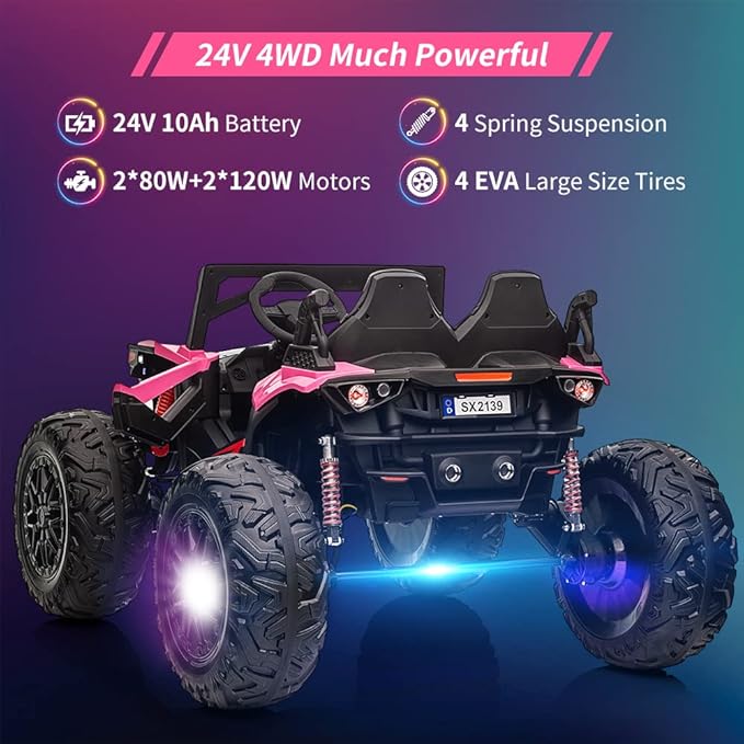 2 Seaters 24V Ride on UTV with Remote Control,10AH Battery, 400W Powerful Motors with 17" EVA Wheels, 20.5“ Seat Width Electric Ride Toy with Metal Suspension,LED Lights,Music,Horn (Rose)-CubbioJoy