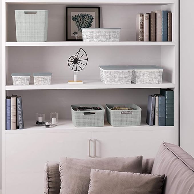 Curver Jute Decorative Plastic Organization and Storage Basket Perfect Bins for Home Office, Closet Shelves, Kitchen Pantry and All Bedroom Essentials, Small, Grey, Set of 8-CubbioJoy