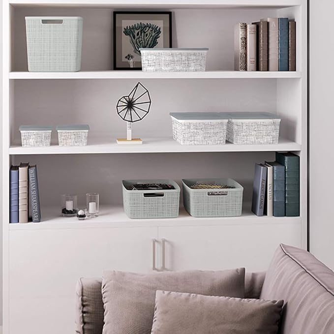 Curver Jute Decorative Plastic Organization and Storage Basket Perfect Bins for Home Office, Closet Shelves, Kitchen Pantry and All Bedroom Essentials, (Set of 6), Grey, Medium-CubbioJoy