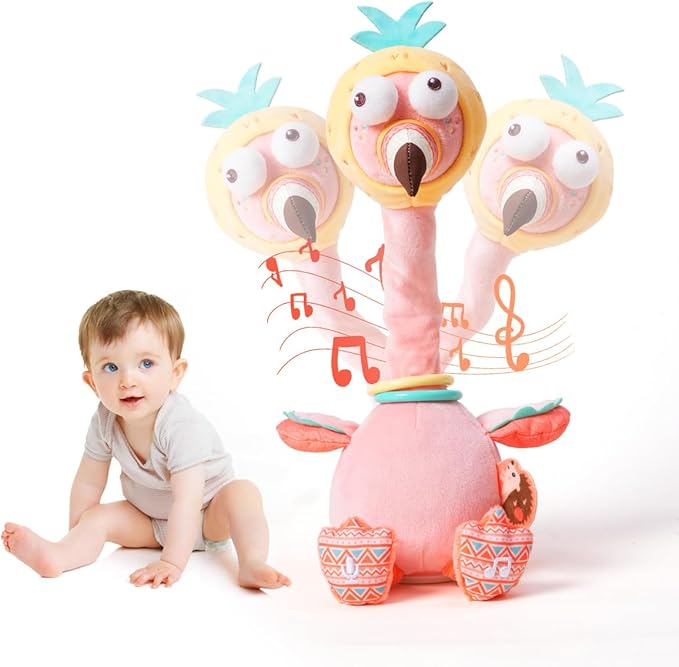 Jollybaby Plush Talking Singing Dancing Musical Flamingo Toy for Toddlers 1-3 Just Like Cactus Toy, Music Mimicking Interactive Toy for Crawling Kids, Sensory Stuffed Toy Gift for Baby 0-6-12 Month-CubbioJoy