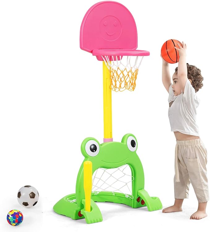 Costzon Toddler Basketball Hoop, 3-in-1 Sports Set for Basketball, Baseball & Football, 6 Height Adjustable Basketball Toy Activity Center for Indoor & Outdoor, Best Gift for Kids (Cute Frog)-CubbioJoy