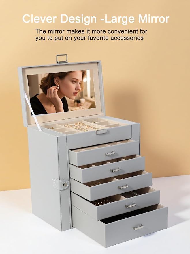 BOOVO Jewelry Box For women, 6 Layer Large Jewelry Organizer With Mirror, Multi-Function Storage Box With Lock, Necklace Holder With 5 Drawers, For Earrings Necklace Bracelet (Silver and Grey)-CubbioJoy