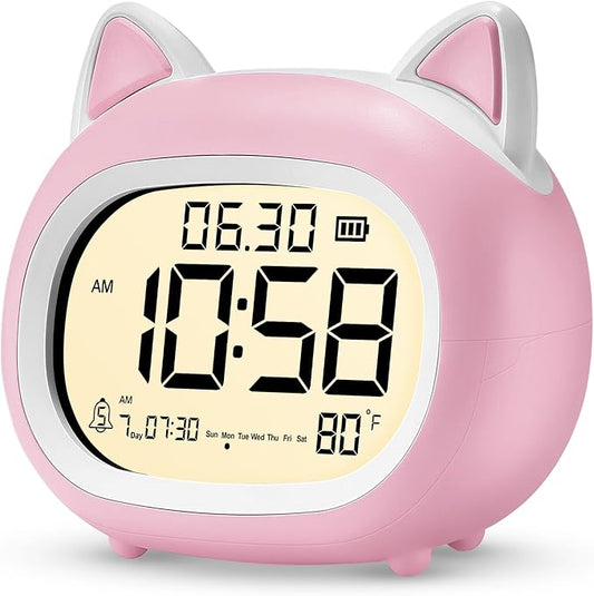 Kids Alarm Clock with Night Light for Kids, Small Digital Alarm Clocks for Bedrooms, Routine Builder, Cute Cat Alarm Clock with Sleep Training, Snooze, 12/24H, Date & Day, Temperature, USB Port-CubbioJoy