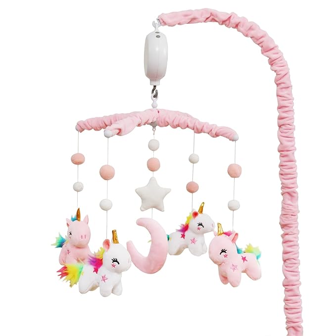 Baby Crib Mobile - Unicorn Crib Mobile for Girls with 25 Inches Mobile Arm and 35 Lullabies Musical Box, 3 Modes Digital, Volume Control, Essential Gift for Infant Bedroom Hanging Decor-CubbioJoy