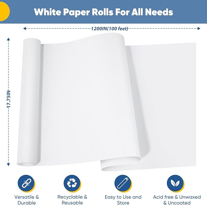 Art Paper Roll for Crafts, Drawing & Painting, 17.75"x1200" (100') White Gift Wrapping Craft Kraft Bulletin Board Poster Banner Coloring Paper, Kids Art Supplies, Wedding Floral Supplies 80GSM 55LB-CubbioJoy
