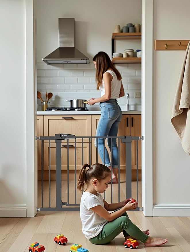 Baby Gate for Stairs, 29.5-40.5" Dog Gate for Doorways, Walk Thru Auto Close Metal Child Gate for The House, Stairs and Doorways, Pressure Mounted Pet Gate for Dog Indoor (Black)-CubbioJoy