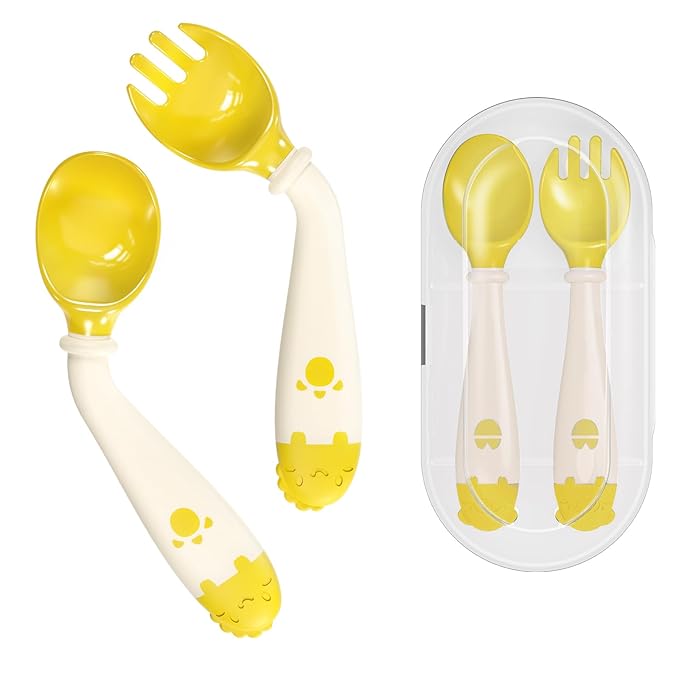 Deejoy Toddler Utensils, Self-feeding Flatware Set withTravel Case, Baby Spoons and Forks with Silicone Bendable Handle, Easy Grip Heat-Resistant, Ideal for Kids, Stage 2 (Yellow)-CubbioJoy