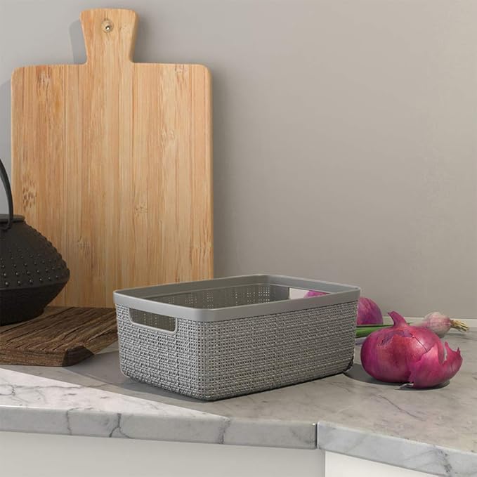 Curver Jute Decorative Plastic Organization and Storage Basket Perfect Bins for Home Office, Closet Shelves, Kitchen Pantry and All Bedroom Essentials, Small, Grey, Set of 8-CubbioJoy