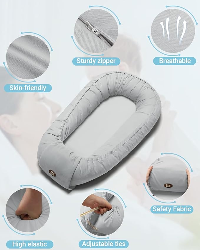 Baby Lounger for Newborn 0-24 Months, Breathable & Soft Infant Lounger, Adjustable Tummy Time Lounger for Home and Travel, Baby Girls & Boys Newborn Babies Essentials Stuff, Grey-CubbioJoy