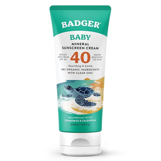 Badger Mineral Baby Sunscreen Cream SPF 40, 98% Organic Toddler Sunscreen with Zinc Oxide, Broad Spectrum, Reef Safe, Water Resistant, Pediatrician Tested Baby Sunblock for Sensitive Skin, 2.9 fl oz-CubbioJoy