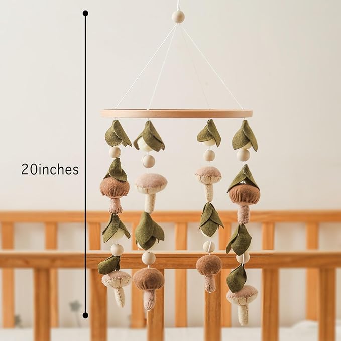 Baby Mobile for Crib,Crib Mobile for Boys Girls, Soft Crib Toys Hanging，Baby Mobile for Bassinet，Boho Nursery Decor Neutral（Mushroom，Leaves,Cotton）-CubbioJoy