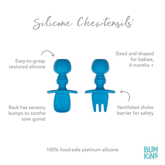 Bumkins Baby Utensils Set, Chewtensils Silicone Spoons for Dipping, Self-Feeding, Baby Led Weaning, Trainer Learning, First Stage Eating, Soft Practice Fork and Spoon, Babies 6 Months, Dark Blue-CubbioJoy