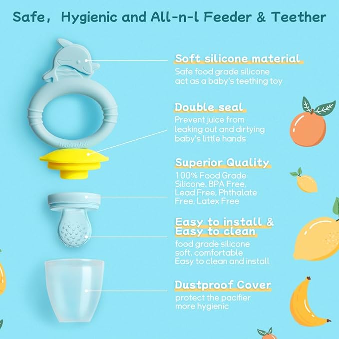 Baby Solids/Frozen Fruit Feeder Pacifier, Infant Teether Toy 4M+, BPA-Free Silicone Pouch & Nipple, Safely Introduce Solids, Teething Relief, 2-Pack (Dolphin - Blue Pink)-CubbioJoy