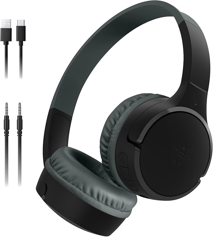 Belkin SoundForm Mini Kids Wireless Headphones w/Built-in Microphone, 30H of Playback Time, & Fun Stickers - Over-Ear Headsets for Online Learning, School, Travel, iPhone, iPad, Galaxy & More - Black-CubbioJoy