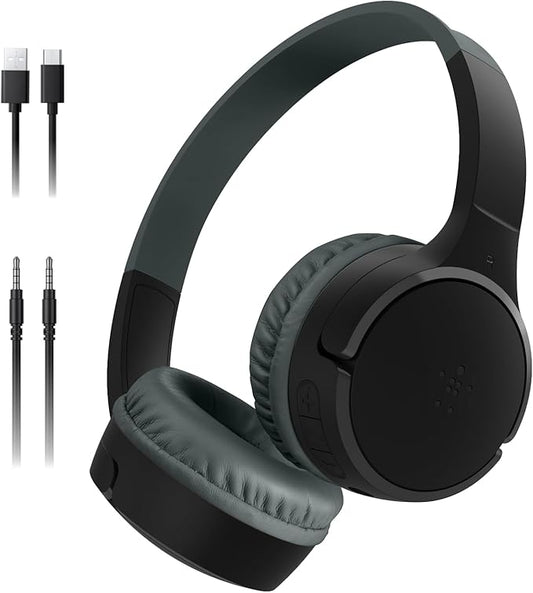 Belkin SoundForm Mini Kids Wireless Headphones w/Built-in Microphone, 30H of Playback Time, & Fun Stickers - Over-Ear Headsets for Online Learning, School, Travel, iPhone, iPad, Galaxy & More - Black-CubbioJoy