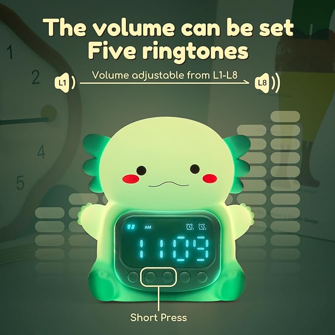 Axolotl Alarm Clock with Night Light for Kids, 7 RGB Color Cute Alarm Clocks for Bedrooms Ok to Wake Clocks, Silicone Animal Tabletop Lamp for Teen Girls Boys, Green-CubbioJoy