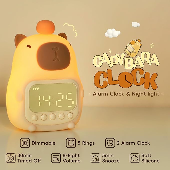 Capybara Alarm Clock with Night Light for Kids, Cute Alarm Clocks for Bedrooms Ok to Wake Clocks, Silicone Animal Tabletop Lamp for Teen Girls Boys-CubbioJoy