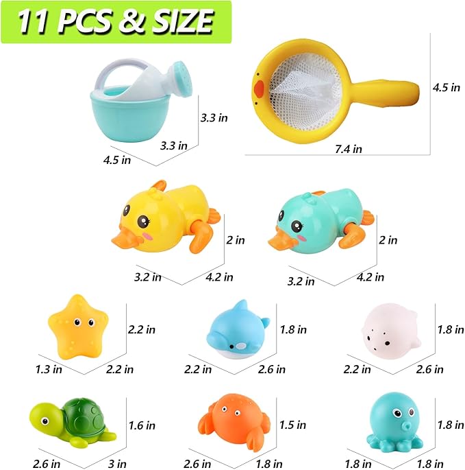 Bath Toys for Babies 6-12 Months+, Wind-up Ducks Bath Toys for Kids Ages 1-3, No Hole Ocean Animal Floating Pool Toys, Watering Can Fishing Net Water Toys for Toddlers-CubbioJoy