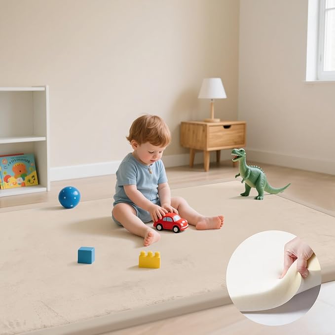 Baby Play Mat for Floor, 1.3" Thick Memory Foam Muscle Playpen Cushion, Soft Coral Velvet Tummy Time Mat with Non-Slip Backing, Water Repellent Child Nursery Rug for Toddlers, Kids (Beige, 39X59)-CubbioJoy