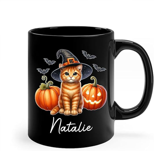 Custom Halloween Orange Tabby Coffee Cup, Personalized Name Orange Tabby with Pumpkins Ceramic Mug, Cat Witch Pumpkin Mug 11oz 15oz, Pet Cat Halloween Black Cup, Gift Idea for Pet Enthusiast-CubbioJoy