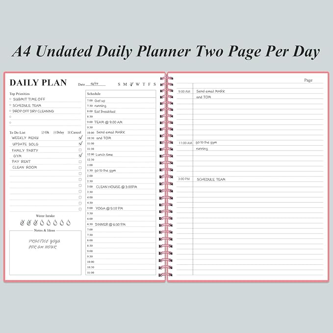 Daily Planner Undated - A4 To Do List Notebook Hourly Schedules, Spiral Appointment Planner for Women and Men,PVC Hardcover, Inner Pocket, Elastic Closure, 8.5" x 11", Pink-CubbioJoy
