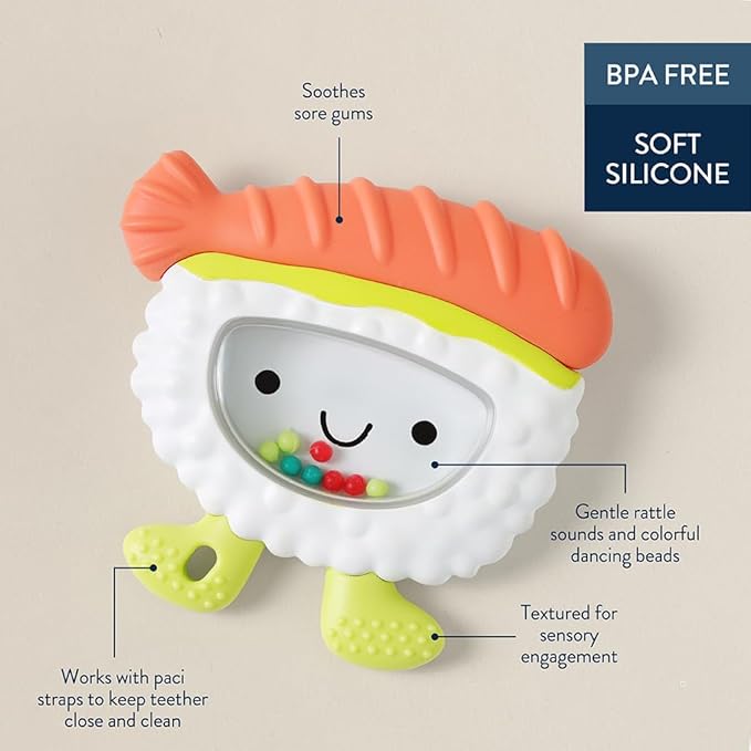 Itzy Ritzy Silicone Rattle Teether– BPA-Free Silicone Teether with Rattle for Babies & Toddlers – Features a Gentle Rattle Sound, Colorful Beads & Multiple Textures (Sushi)-CubbioJoy