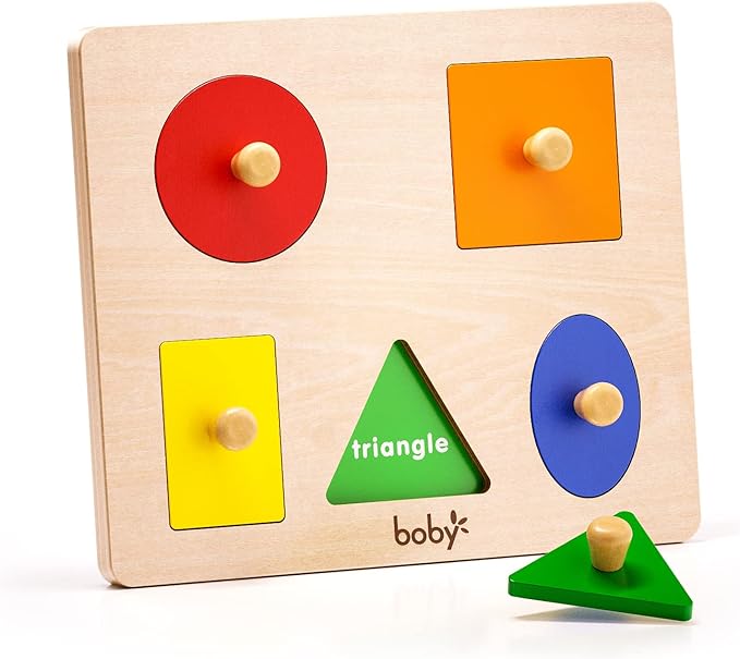Boby Montessori Wooden Puzzle Board Knob Wooden Puzzle Geometric Shape Puzzle Early Education Material Sensorial Toy for Toddler Shape & Color Sorter (5 Geometry Shape)-CubbioJoy