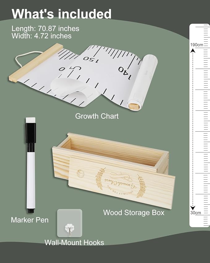 6.5FT Growth Chart for Kids with Wooden Keepsake Box - Children Height Measurement Kit Includes Marker Pen & Wall Hook, Height Tracker Ruler Baby Essentials, Nursery Room Decor Gift for Baby to Teen-CubbioJoy