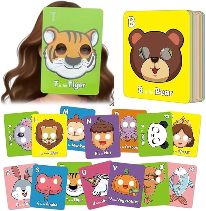 26 PCS Alphabet ABC Flash Cards,Giant ABC Animal Mask Flash Cards,26 Lowercase and Uppercase Letter Cards,Educational Learning Games-CubbioJoy