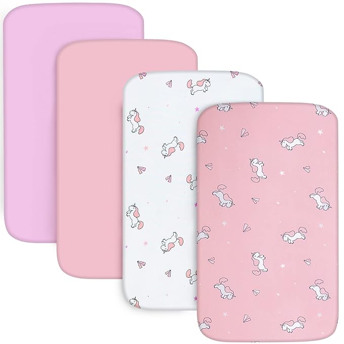 Bassinet Sheet 4 Pack for Baby Girls, Bassinet Sheets Universal Fit for Rectangle, Oval, Hourglass Bassinet Pad/Mattress, Stretchy Bassinet Sheets, Pink Print-CubbioJoy