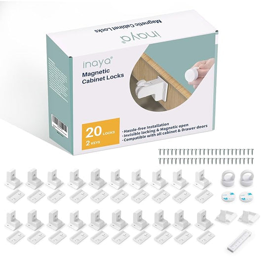 Inaya Magnetic Cabinet Locks Baby Proofing (20 Locks & 2 Keys), Child Safety Magnet Locks for Cabinets & Drawers with Invisible Design, 3M Adhesive for Easy Installation - No Drill & Tool Needed-CubbioJoy