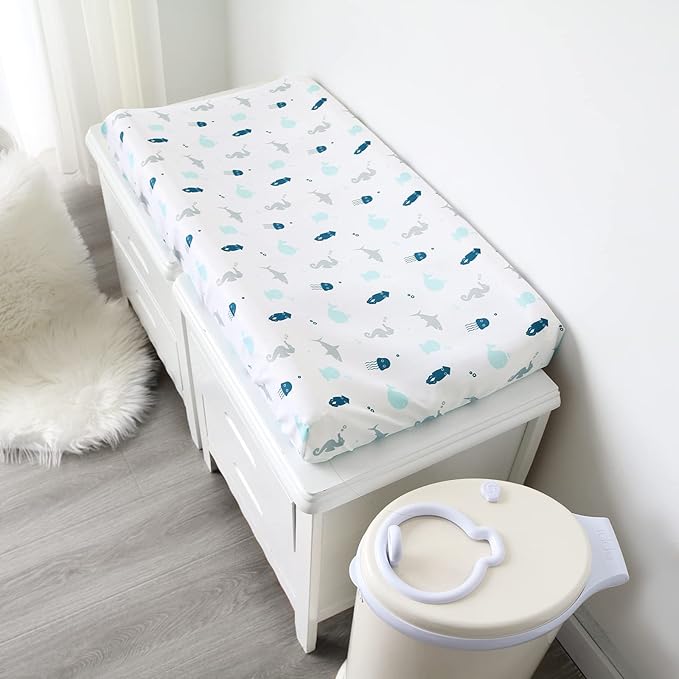 Changing Pad Cover for Boys Girls 4 Pack, Comfy & Breathable Changing Table Cover for 32''x16" Changing Table Pads, Diaper Changing Pad Cover, Dinosaurs & Ocean-CubbioJoy