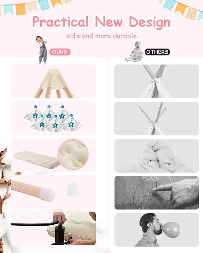 6 Pack Teepee Tent for Kids with Inflatable Airbed, Light, Toddler Tent Children Room Tents, Slumber Party Sleepover Tents, Indoor Outdoor Kids Playtent Playhouse for Girls & Boys-CubbioJoy