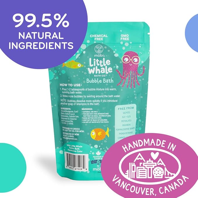 Mobi Little Whale Bubble Bath, Tropical Fruity Scent Kids Body Wash, Gentle Moisturizing Tub Foam for All Skin Type, GMO-Free, Stain-Free, Fun Aquamarine Color, 8 fl oz-CubbioJoy