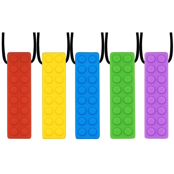 Chew Necklaces for Sensory Kids, 5PCS Building Block Silicone Chewy Necklace for Boys and Girls with Autism Biting Chewing, BPA Free Teether Toys for Baby Toddler and Infant Teething-CubbioJoy