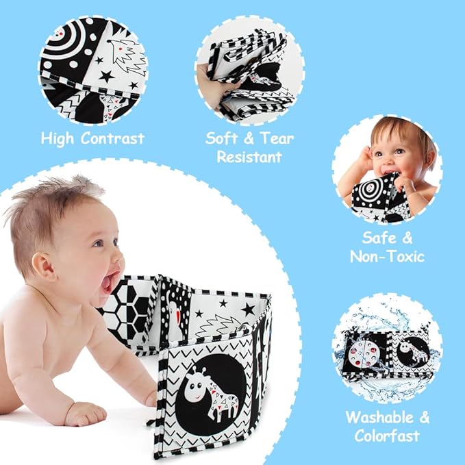 Cawgug Black and White High Contrast Baby Toys for Newborn Brain Development Tummy Time Soft Book Babies 0-3 6-12 Months Montessori Learning Activities Infant and Sensory Visual Stimulation Toys-CubbioJoy