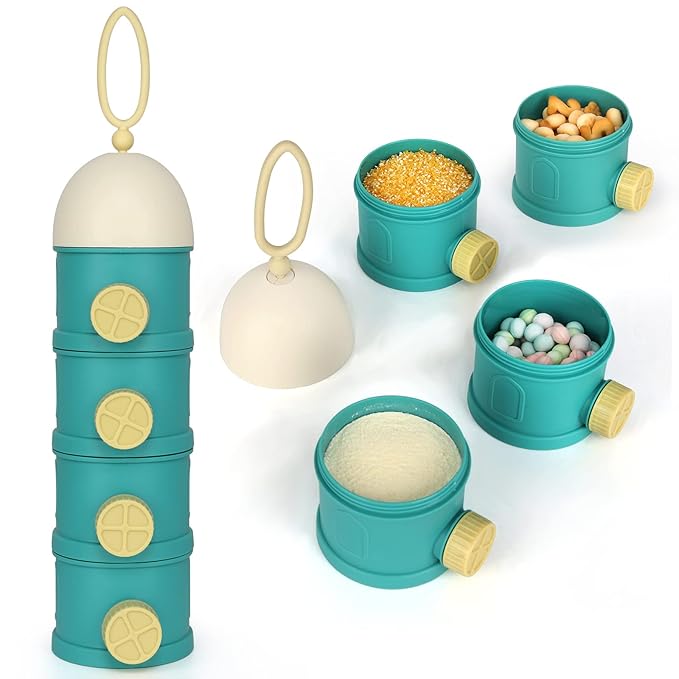 Accmor Formula Dispenser On The Go, 4 Layers Stackable Formula Container to Go, Non-Spill Portable Milk Powder Baby & Kids Snack Container, Green Pink-CubbioJoy