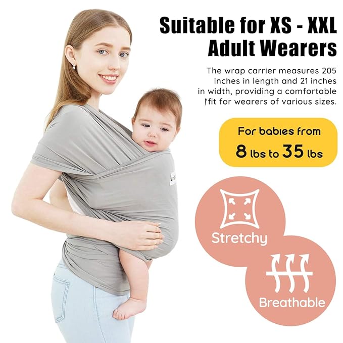Acrabros Baby Wrap Carrier,Hands Free Baby Carrier Sling,Lightweight,Breathable,Softness,Perfect for Newborn Infants and Babies Shower Gift,Grey-CubbioJoy