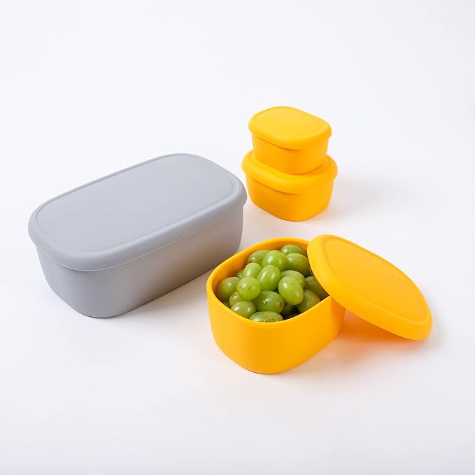 BLUE GINKGO Nesting Silicone Containers - Set of 3 Hard-Shell Silicone Food Storage Containers | BPA Free, Airtight, Dishwasher and Freezer Safe (6.7oz, 10oz, 20oz) - Yellow-CubbioJoy
