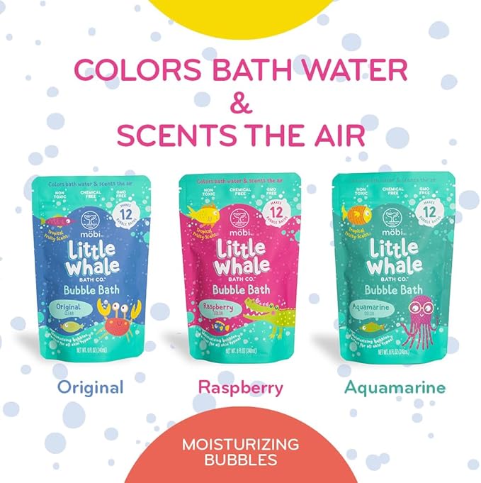 Mobi Little Whale Bubble Bath, Tropical Fruity Scent Kids Body Wash, Gentle Moisturizing Tub Foam for All Skin Type, GMO-Free, Stain-Free, Fun Aquamarine Color, 8 fl oz-CubbioJoy