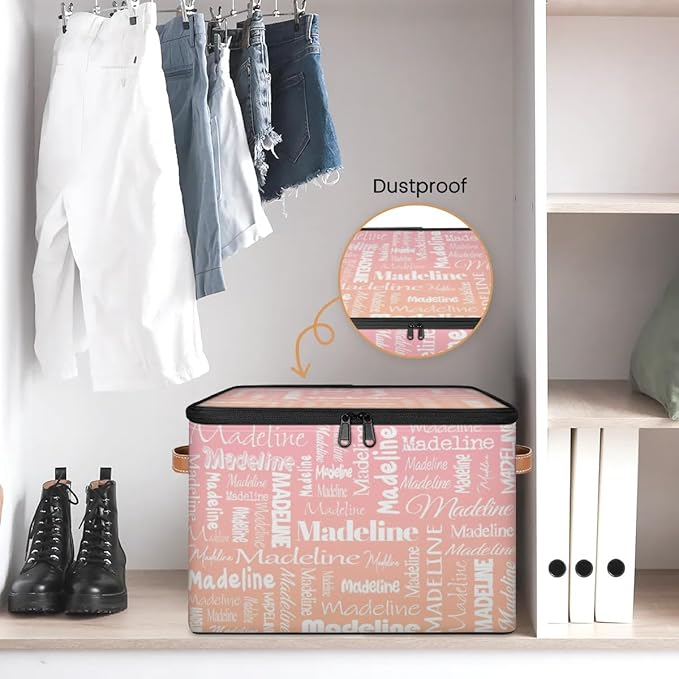 Custom Storage Basket with Name, Personalized Storage Bins with Zipper Lid, Foldable Fabric Storage Box Large capacity with Handle Pink Orange-CubbioJoy