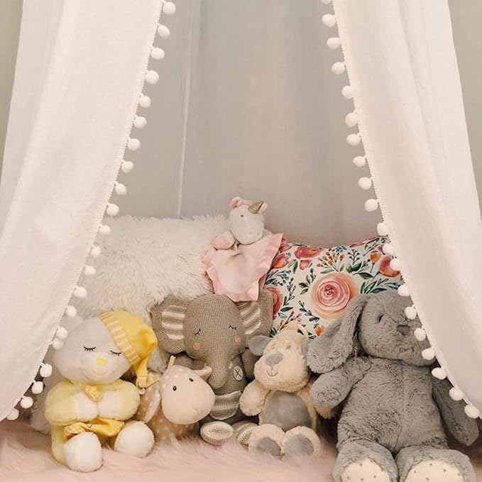 Bed Canopy with Pom Pom Cotton Canopy for Kids Crib Baby Girl Netting Cover Canopy Crib Curtain Reading Nook Hanging Tent Nursery Play Game Castle Room Decoration (White)-CubbioJoy