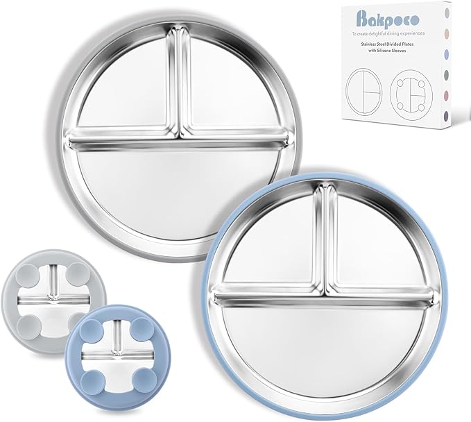8" Stainless Steel Toddler Plates with Suction, Divided Plates with Removable Silicone Sleeves for Baby, Non Toxic & BPA Free |Unbreakable |Dishwasher Safe Dinnerware Set of 2, Blue & Gray-CubbioJoy