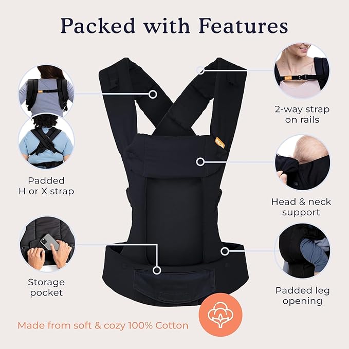 Beco Gemini Baby Carrier from Newborn to Toddler - Certified Ergonomic Newborn Baby Carrier for Infants and Children of 7-35 lbs - M Shape, Adjustable Seat, 100% Cotton (Metro Black)-CubbioJoy
