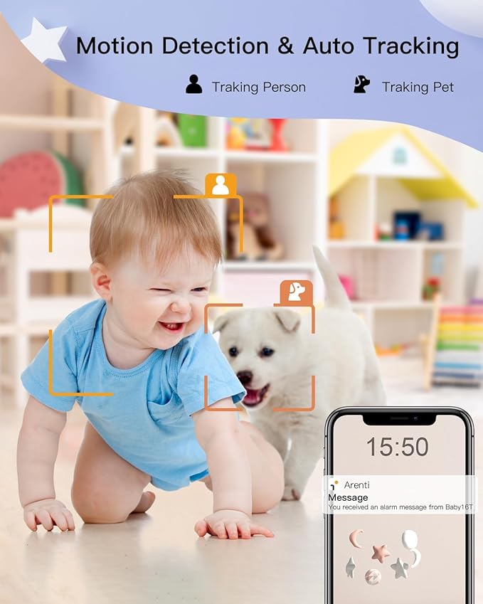 ARENTI Baby Monitor, 2K/3MP WiFi 6 Camera and Audio, 5-inch Wireless Screen, Smartphone App, Super Night Vision, Crying Detection, Auto Tracking, Temp&Humidity Sensor, Cloud&SD Card Storage (D3 Kit)-CubbioJoy