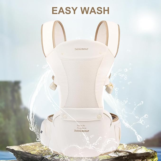 Bebamour Baby Carrier with Hip Seat,All-Position Breathable Mesh Hip Seat & Carrier 0-36Months with Head Hood, 3 PCS Teething Pads, Waist Extender,Storage Bag & Pacifier Case(Khaki)-CubbioJoy