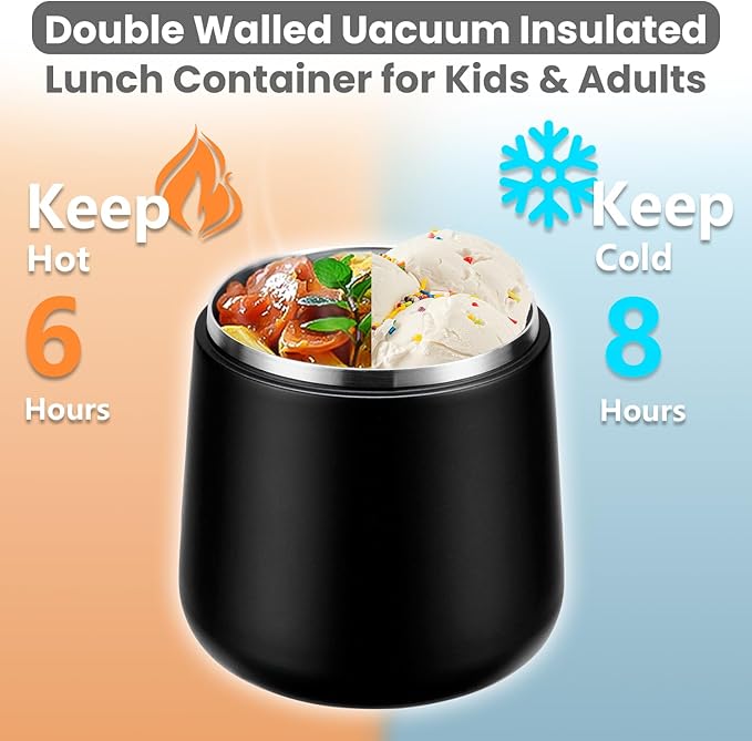 20oz Insulated Vacuum Food Jar with Buckle Lid,Soup Thermo for Hot Food Kids,Wide Mouth Leakproof Stainless Steel Lunch Container with Spoon-Black-CubbioJoy